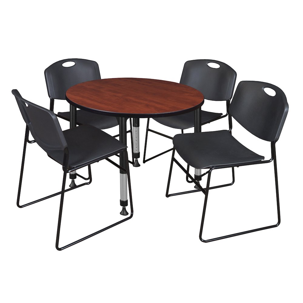 42 in. Round Adjustable Classroom Table- Cherry & 4 Zeng Stack Chairs- Black