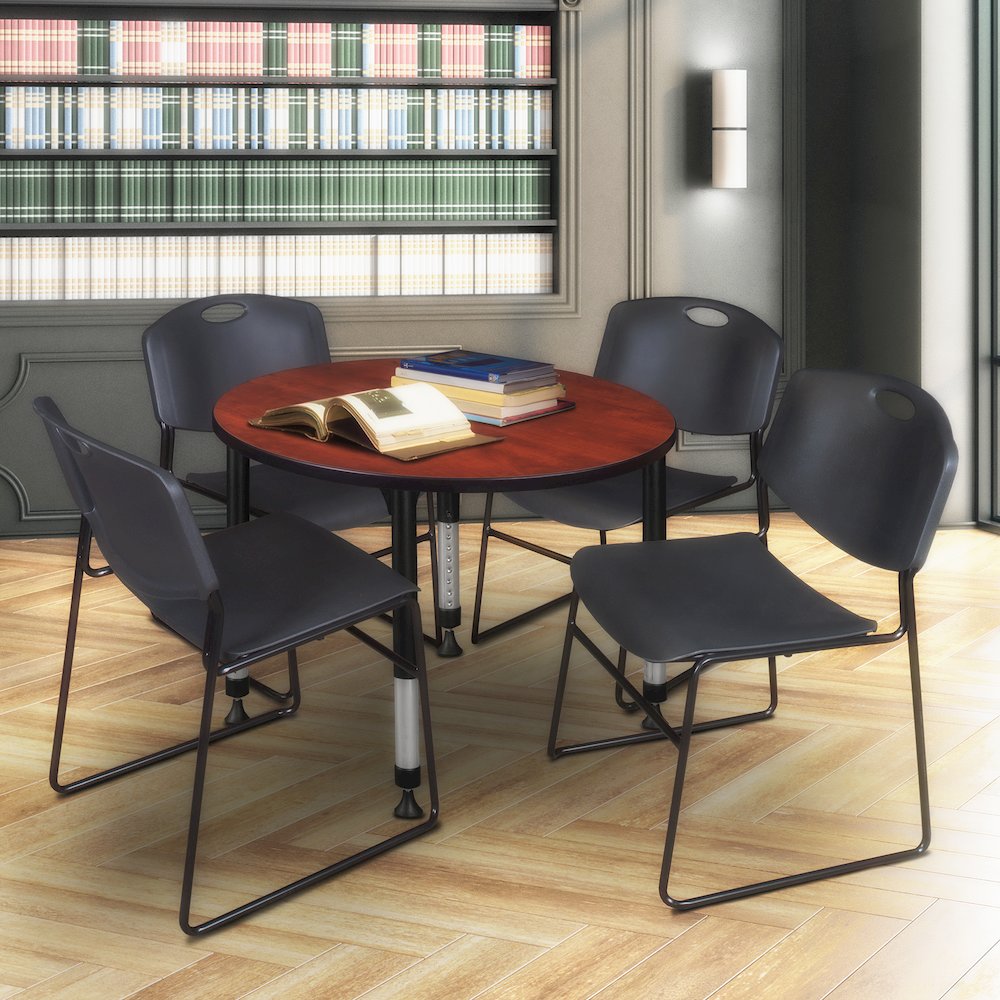 42 in. Round Adjustable Classroom Table- Cherry & 4 Zeng Stack Chairs- Black