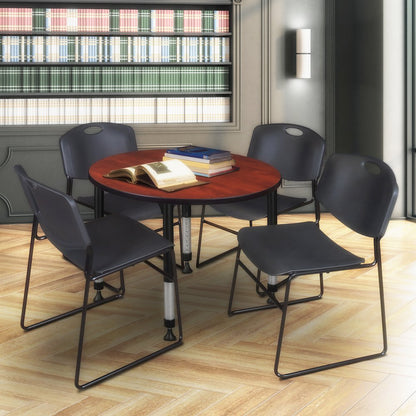 42 in. Round Adjustable Classroom Table- Cherry & 4 Zeng Stack Chairs- Black
