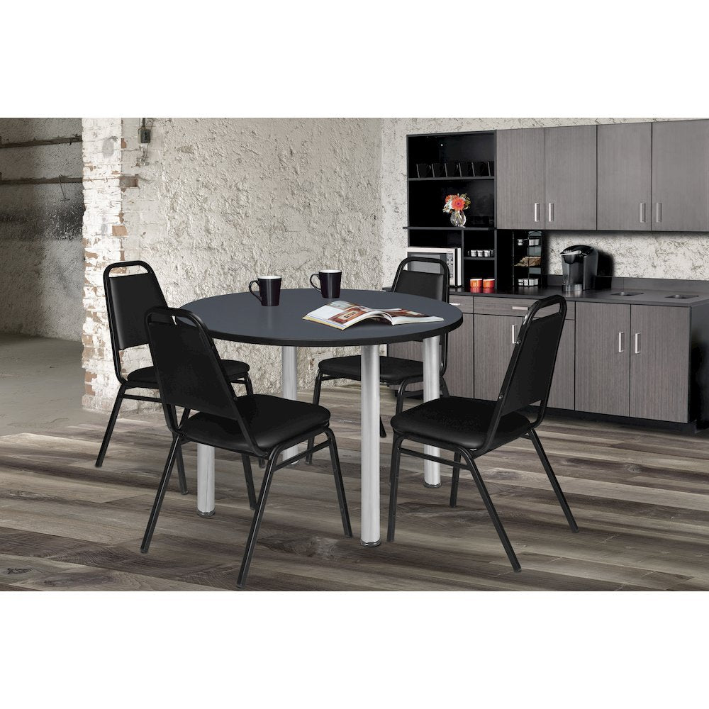 42 in Round Breakroom Table- Grey Top, Chrome Legs, 4 Restaurant Stack Chairs