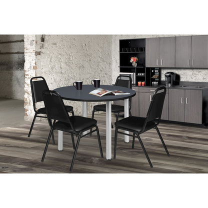 42 in Round Breakroom Table- Grey Top, Chrome Legs, 4 Restaurant Stack Chairs