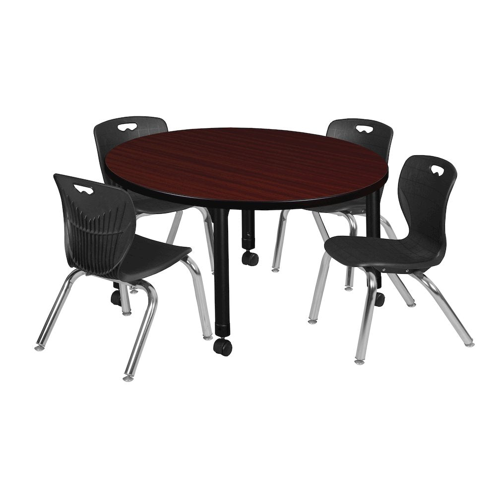 42 Round Adjustable Classroom Table- Mahogany & 4 Andy 12 Stack Chairs- Black