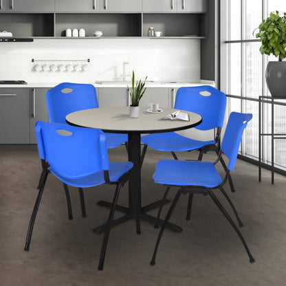 42 in. Round X-Base Breakroom Table- Maple & 4 M Stack Chairs- Blue