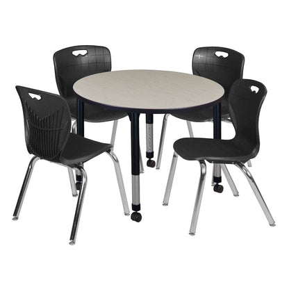 42 Round Adjustable Classroom Table- Maple & 4 Andy 18 Stack Chairs- Black