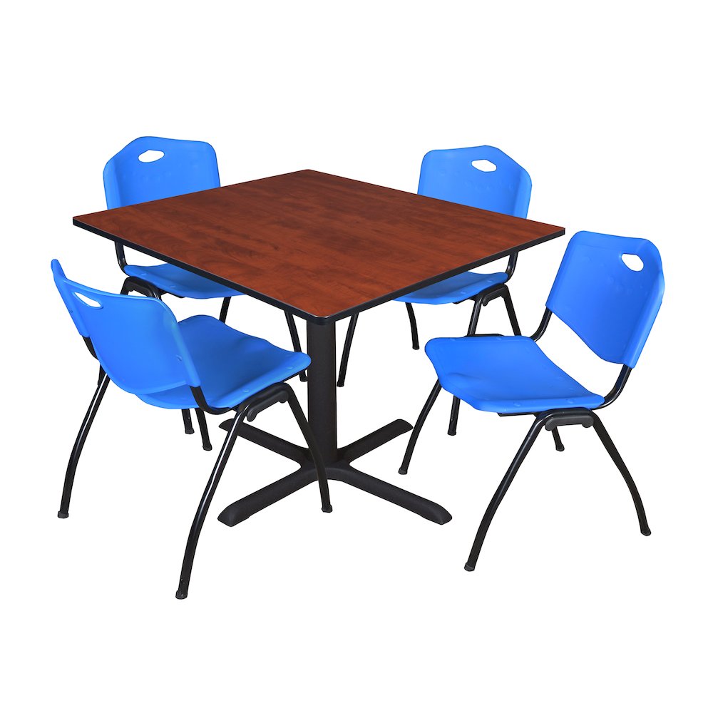 48 in. Square X-Base Breakroom Table- Cherry & 4 M Stack Chairs- Blue