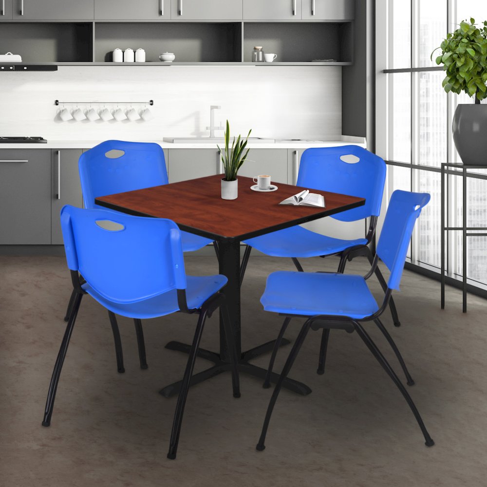 48 in. Square X-Base Breakroom Table- Cherry & 4 M Stack Chairs- Blue