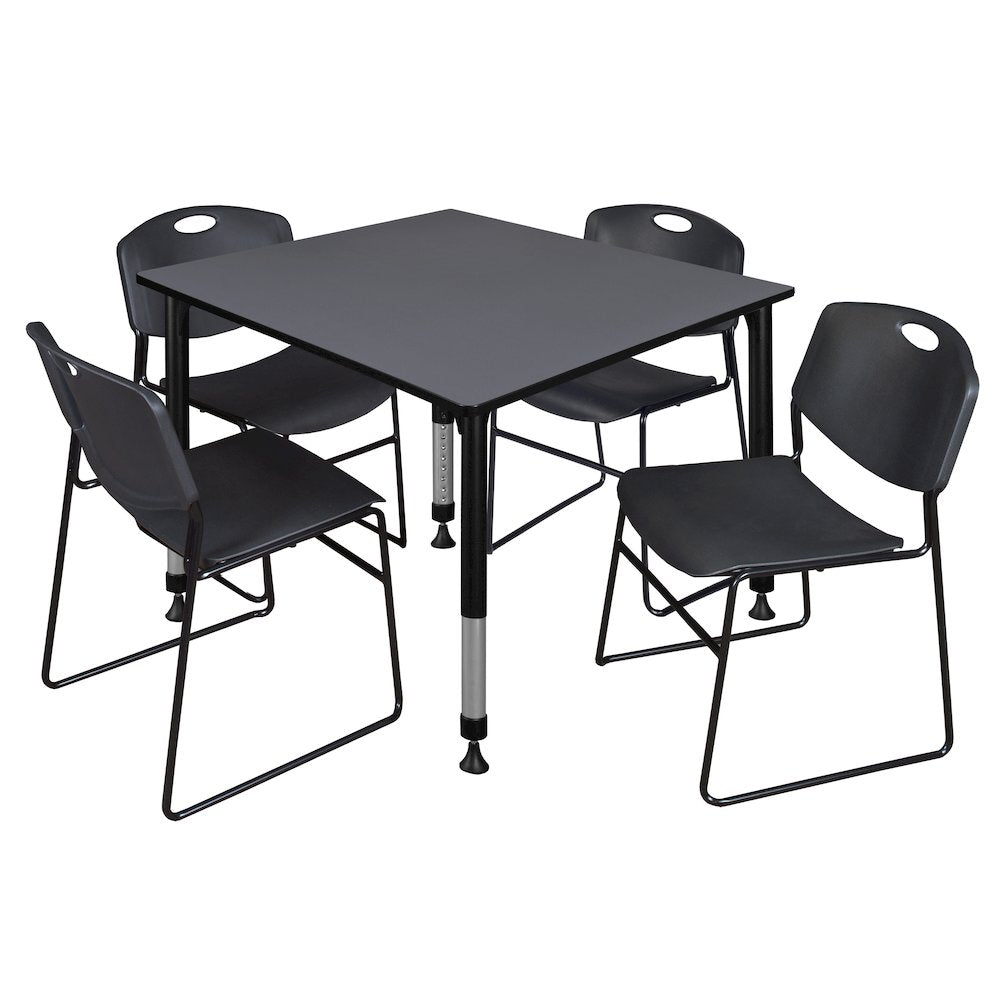 48 in. Square Adjustable Classroom Table- Grey & 4 Zeng Stack Chairs- Black