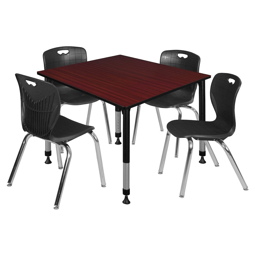 48 Square Adjustable Classroom Table- Mahogany & 4 Andy 18 Stack Chairs- Black