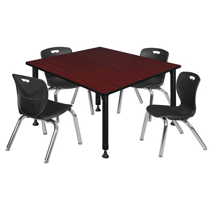 48 Square Adjustable Classroom Table- Mahogany & 4 Andy 12 Stack Chairs- Black