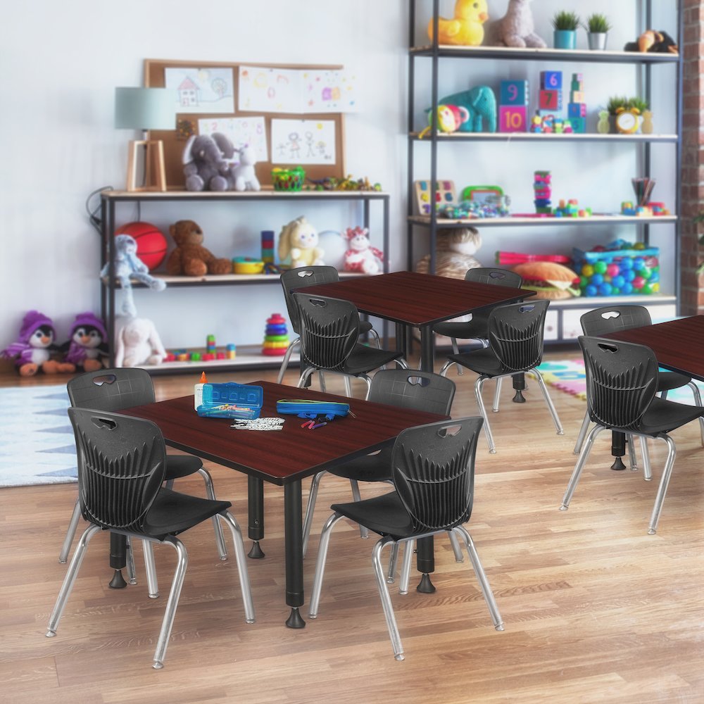 48 Square Adjustable Classroom Table- Mahogany & 4 Andy 12 Stack Chairs- Black