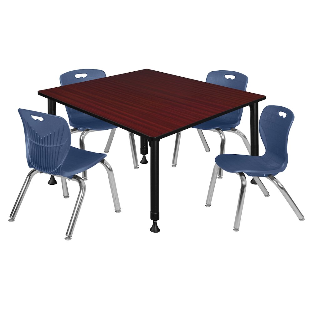 48 Square Adjustable Classroom Table- Mahogany & 4 Andy 12 Stack Chairs- Blue