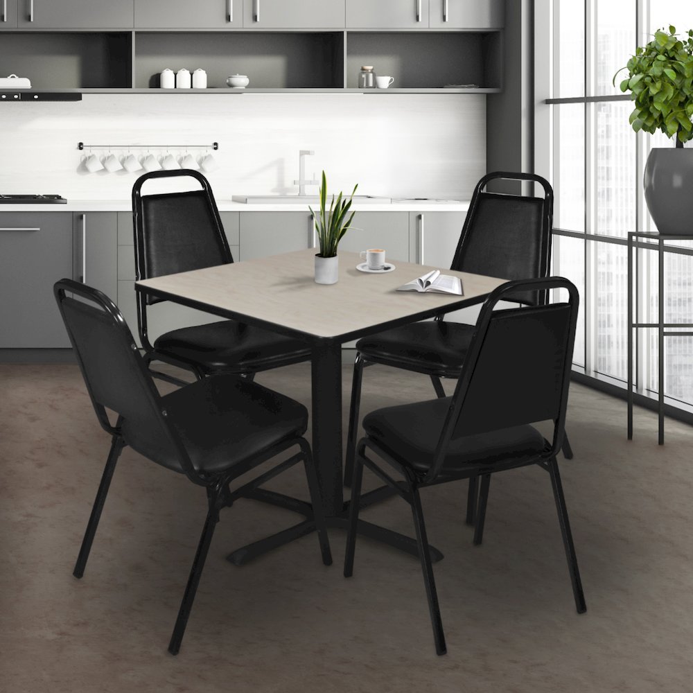 48 in. Square X-Base Breakroom Table- Maple & 4 Restaurant Stack Chairs- Black