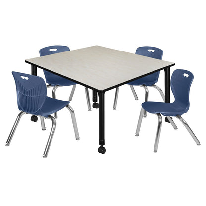 48 Square Mobile Classroom Table- Maple & 4 4 Andy 12 Stack Chairs- Blue