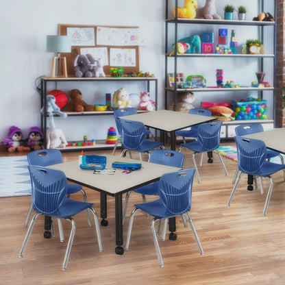 48 Square Mobile Classroom Table- Maple & 4 4 Andy 12 Stack Chairs- Blue