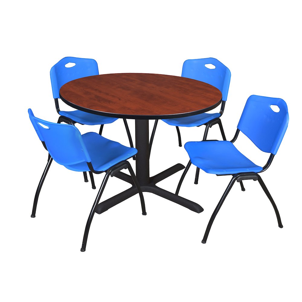 48 in. Round X-Base Breakroom Table- Cherry & 4 M Stack Chairs- Blue