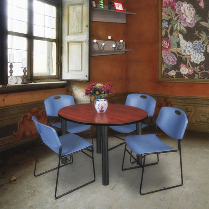 48 in Round Breakroom Table- Cherry Top, Black Legs, 4 Zeng Stack Chairs- Blue
