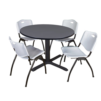 Cain 48" Round Breakroom Table- Grey & 4 'M' Stack Chairs- Grey