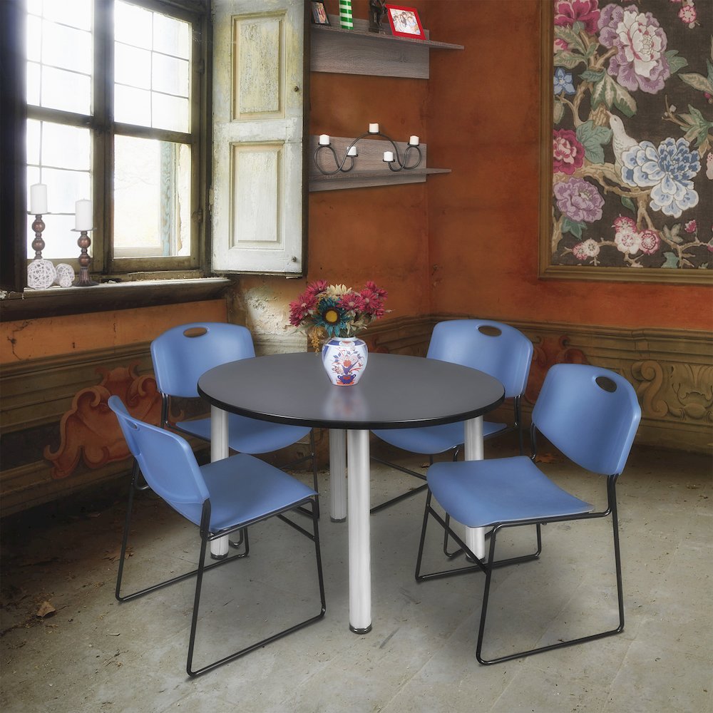 48 in Round Breakroom Table- Grey Top, Chrome Legs, 4 Zeng Stack Chairs- Blue