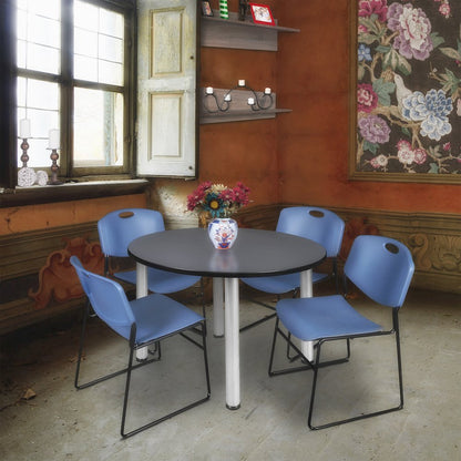 48 in Round Breakroom Table- Grey Top, Chrome Legs, 4 Zeng Stack Chairs- Blue