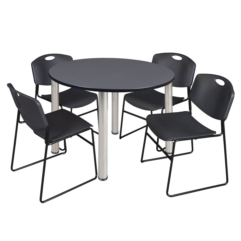 48 in Round Breakroom Table- Grey Top, Chrome Legs, 4 Zeng Stack Chairs- Black