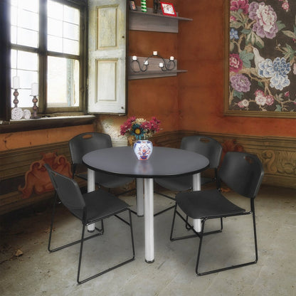 48 in Round Breakroom Table- Grey Top, Chrome Legs, 4 Zeng Stack Chairs- Black