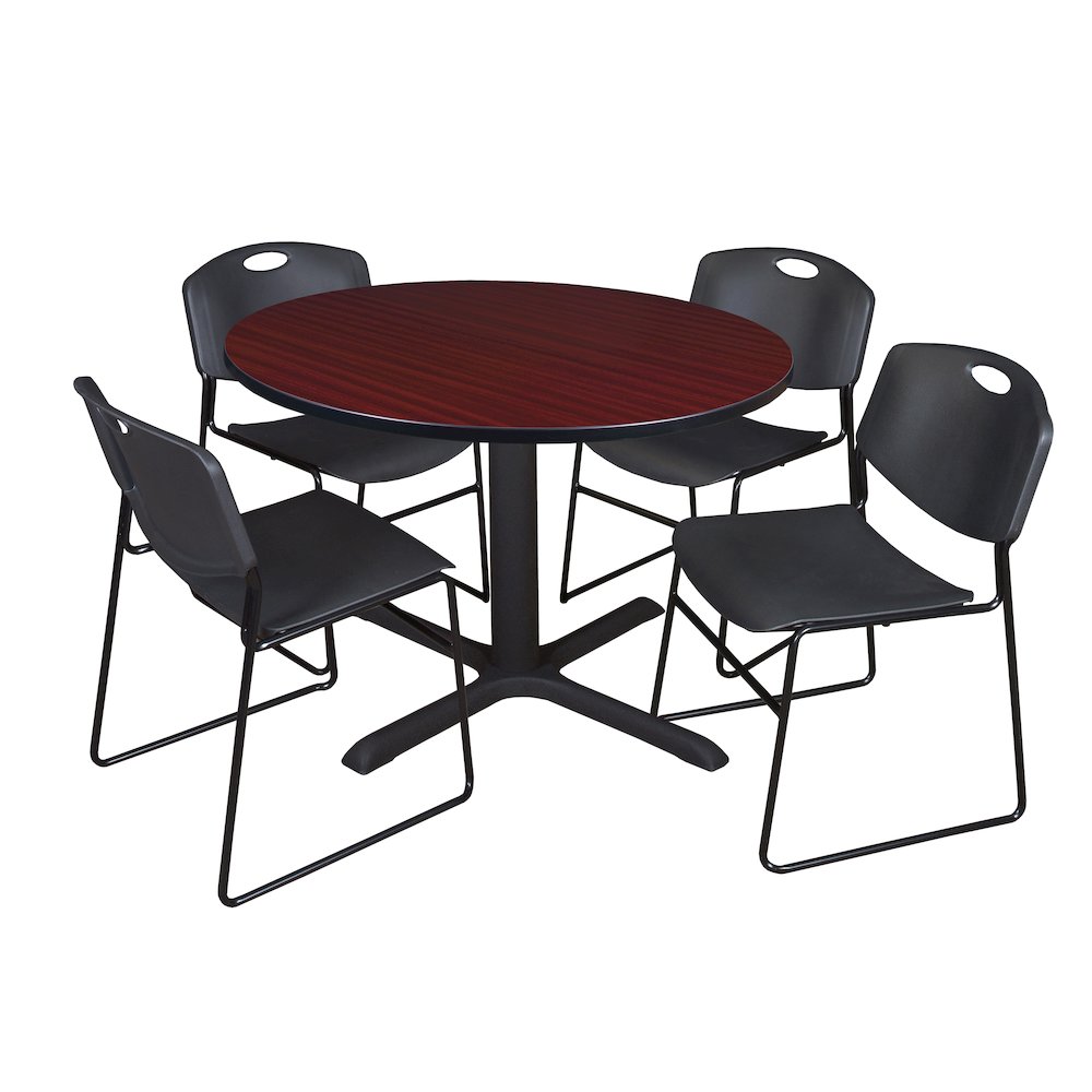 48 in. Round X-Base Breakroom Table- Mahogany & 4 Zeng Stack Chairs- Black