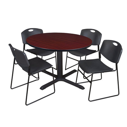 48 in. Round X-Base Breakroom Table- Mahogany & 4 Zeng Stack Chairs- Black