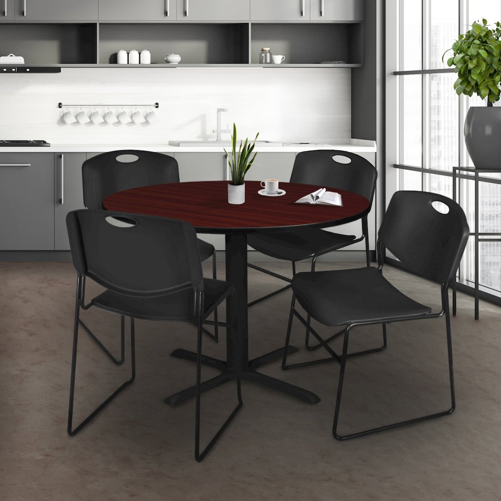 48 in. Round X-Base Breakroom Table- Mahogany & 4 Zeng Stack Chairs- Black