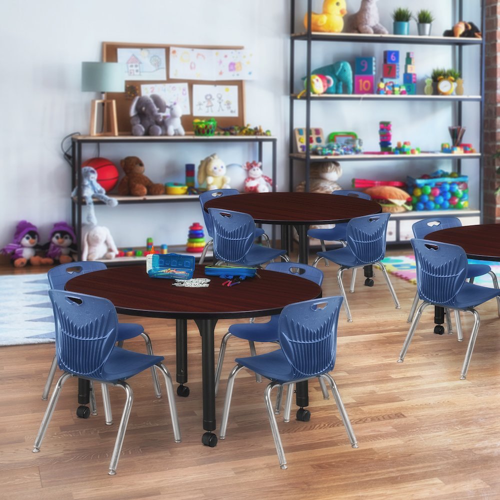 48 Round Adjustable Classroom Table- Mahogany & 4 Andy 12 Stack Chairs- Blue