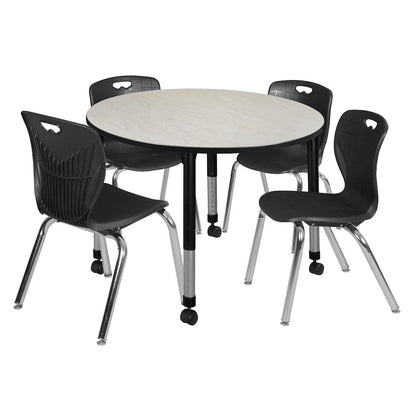 48 Round Adjustable Classroom Table- Maple & 4 Andy 18 Stack Chairs- Black