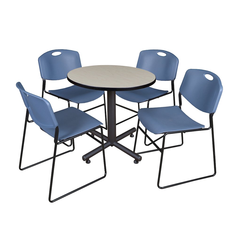 30 in. Round X-Base Breakroom Table- Maple, 4 Zeng Stack Chairs- Blue