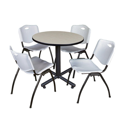 30 in. Round X-Base Breakroom Table- Maple, 4 M Stack Chairs- Grey