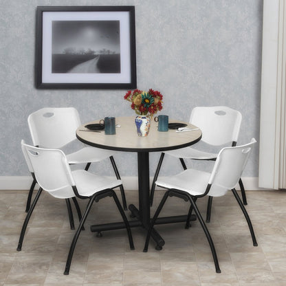 30 in. Round X-Base Breakroom Table- Maple, 4 M Stack Chairs- Grey