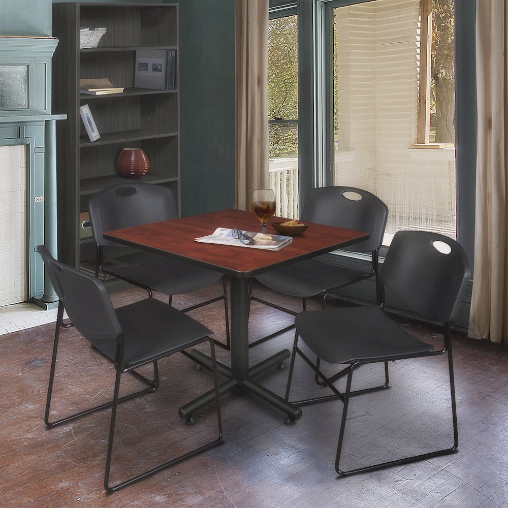 36 in. Square X-Base Breakroom Table- Cherry, 4 Zeng Stack Chairs- Black