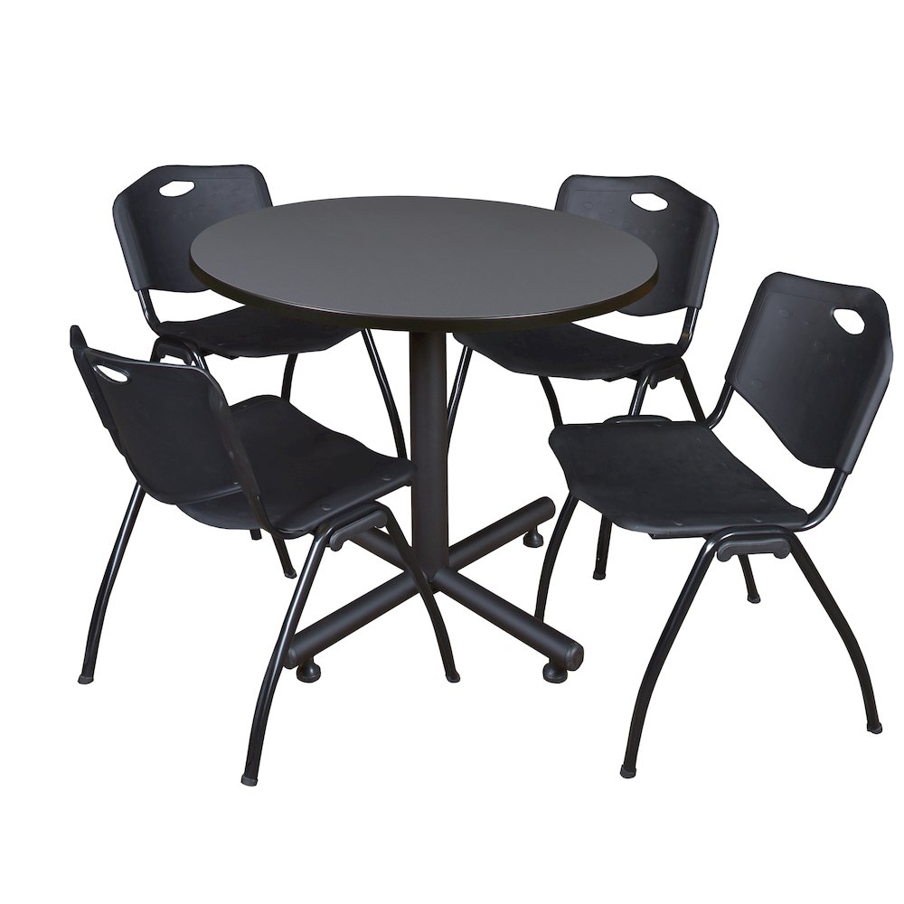 36 in. Round X-Base Breakroom Table- Grey, 4 M Stack Chairs- Black
