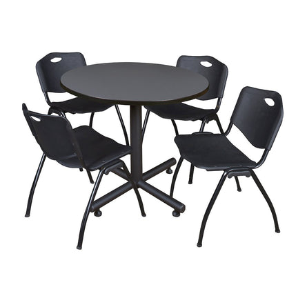 36 in. Round X-Base Breakroom Table- Grey, 4 M Stack Chairs- Black