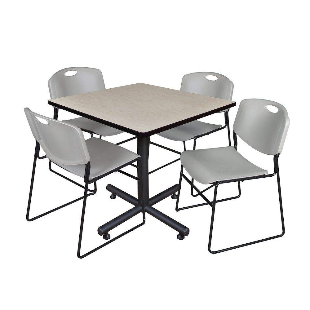 42 in. Square X-Base Breakroom Table- Maple, 4 Zeng Stack Chairs- Grey