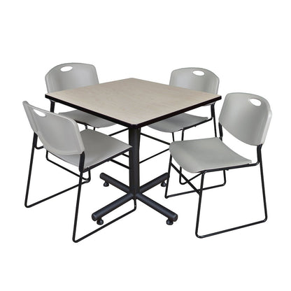 42 in. Square X-Base Breakroom Table- Maple, 4 Zeng Stack Chairs- Grey