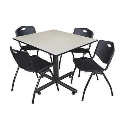 48 in. Square Breakroom Table- Maple, 4 M Stack Chairs- Black