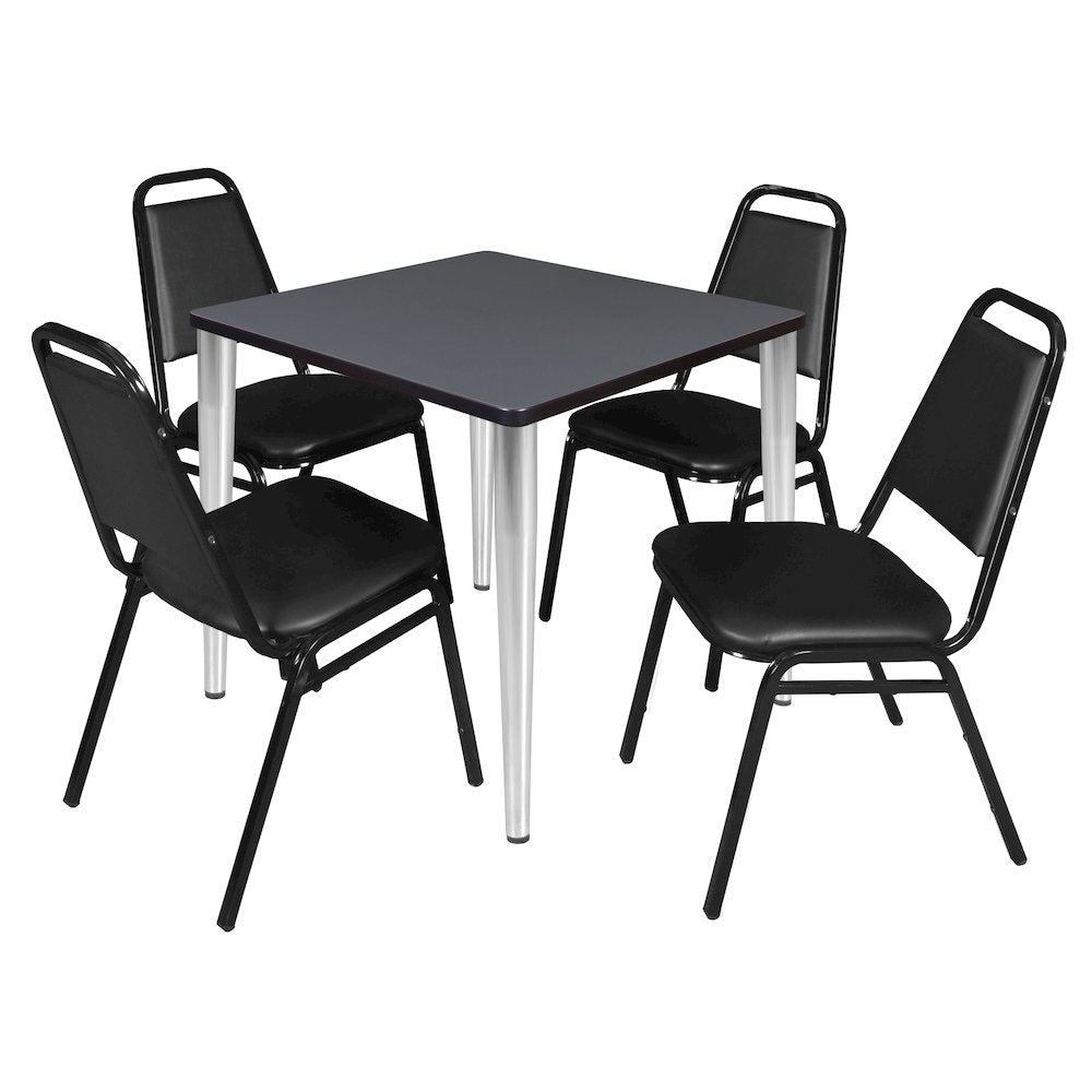 30 Square Breakroom Table- Grey Top, Chrome Base & 4 Stack Chairs- Black