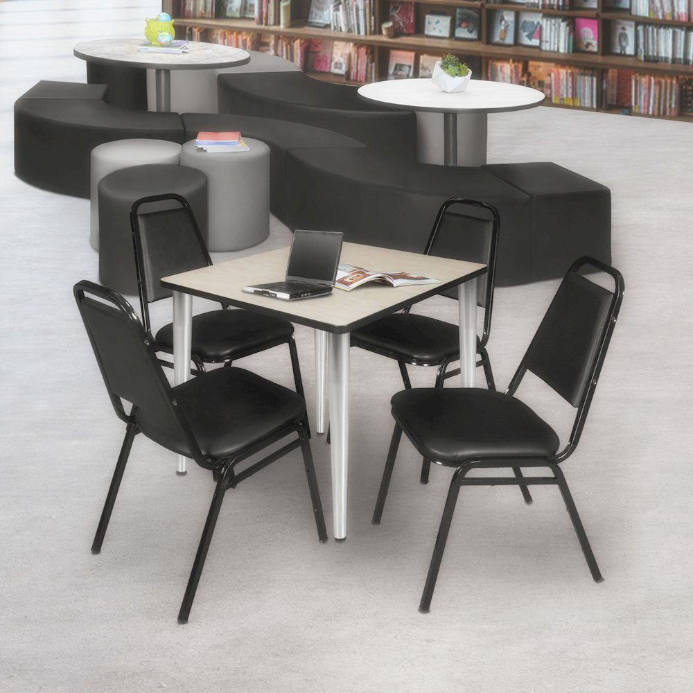 30 Square Breakroom Table- Maple Top, Chrome Base & 4 Stack Chairs- Black