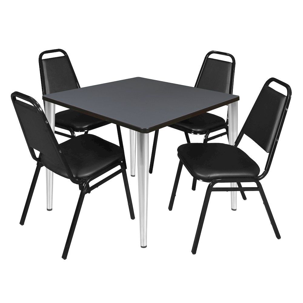 36 Square Breakroom Table- Grey Top, Chrome Base & 4 Stack Chairs- Black