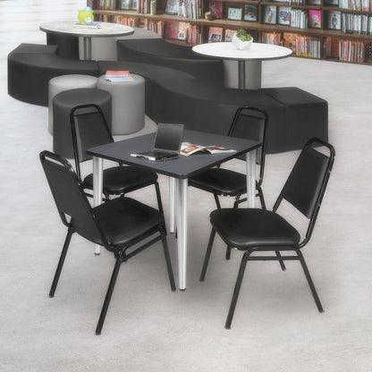 36 Square Breakroom Table- Grey Top, Chrome Base & 4 Stack Chairs- Black