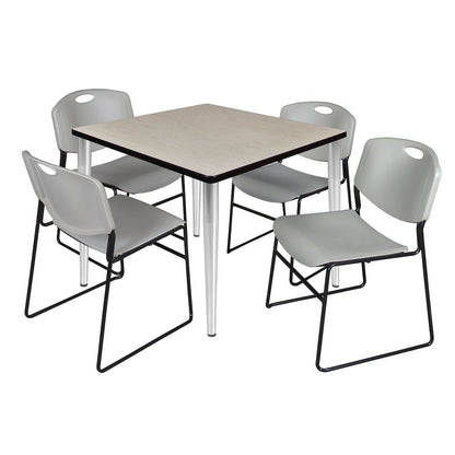 36 Square Breakroom Table- Maple Top, Chrome Base & 4 Zeng Stack Chairs- Grey
