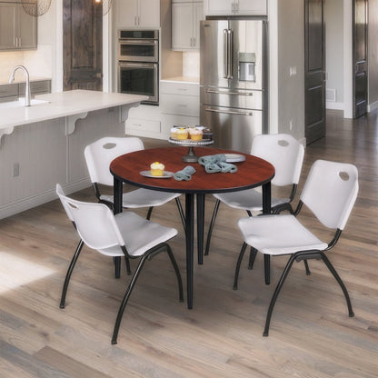 36 in. Round Breakroom Table- Cherry Top, Black Base & 4 M Stack Chairs- Grey