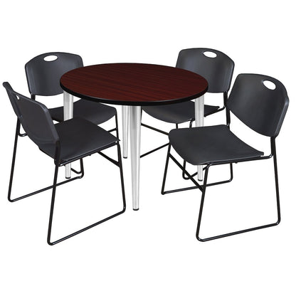 36 Round Breakroom Table- Mahogany Top, Chrome Base & 4 Zeng Stack Chairs- Black
