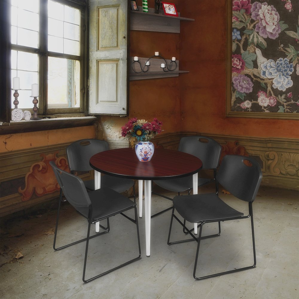 36 Round Breakroom Table- Mahogany Top, Chrome Base & 4 Zeng Stack Chairs- Black