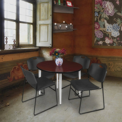 36 Round Breakroom Table- Mahogany Top, Chrome Base & 4 Zeng Stack Chairs- Black