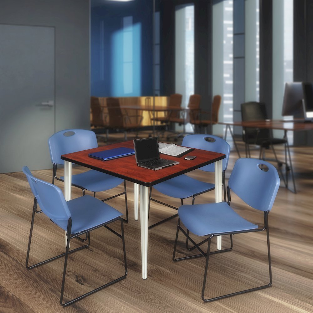 42 Square Breakroom Table- Cherry Top, Chrome Base & 4 Zeng Stack Chairs- Blue