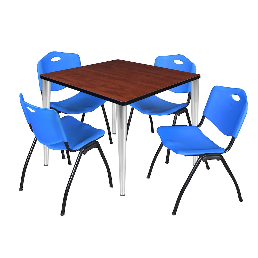 42 in. Square Breakroom Table- Cherry Top, Chrome Base & 4 M Stack Chairs- Blue